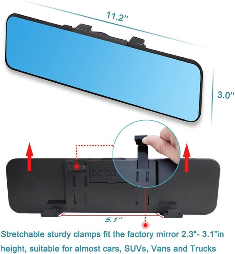 SkycropHD Anti Glare Car Interior Rear View Mirror, Clip on Wide Angle Panoramic Rearview Mirror to Eliminate Blind Spots – Flat, Blue,11.2in (290mm) - Image 4